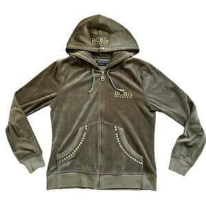 BCBGMaxAzria Olive Green Velour Zip Up Embroidered Studded Size Large